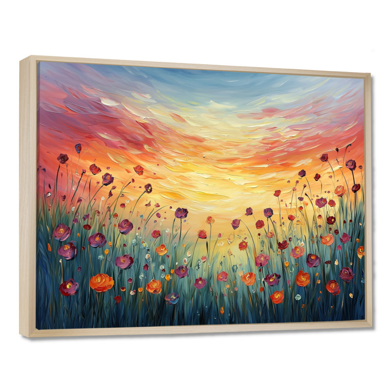 Coucher de soleil fleurs sauvages dans la nature I - Art mural fleurs sauvages, H 30 po x l 40 po, Cadre flottant, Blanc