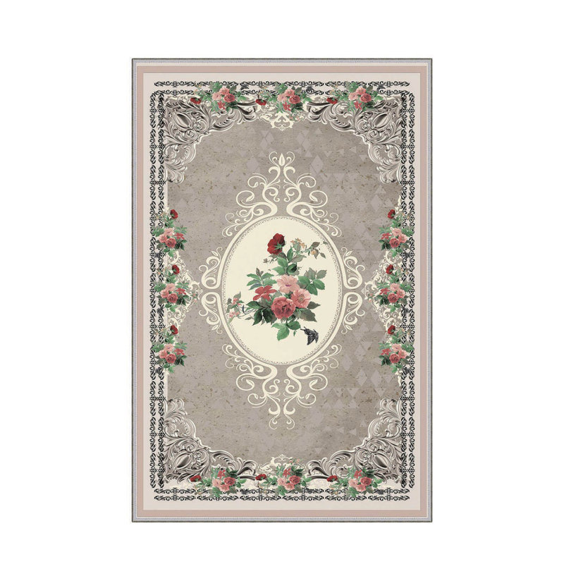Tapis rose / gris / vert en polyester tissé à plat à la machine Kittie, Rectangle 3 pi 11 po x 5 pi 11 po