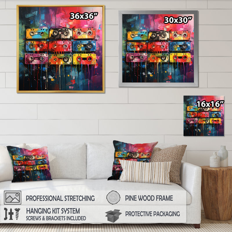 " Cassette Tapes Tangled Tunes III ", Black Floater Framed, 36" H x 36" W x 1.5" D
