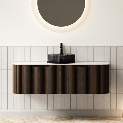 Meuble-lavabo 48 po avec lavabo en verre noir transparent, armoire 2 tiroirs, noyer foncé, rangement généreux, glissières à tiroir à fermeture en douceur, grain de bois rond 48 po, glissières, pré-assemblé