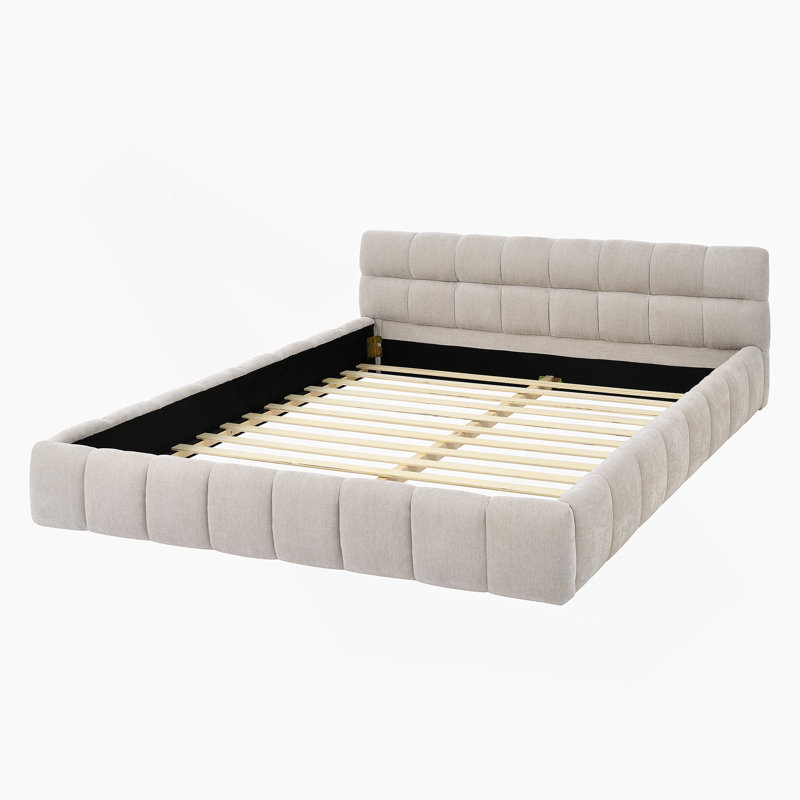 Structure de lit grand rembourré avec tissu épais et tête de lit, Beige