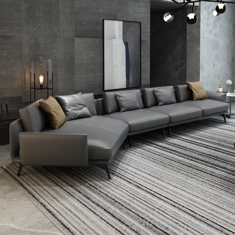 Putnam Upholstered Curved Sectional, Left Hand Facing, Smokey Gray Genuine Leather