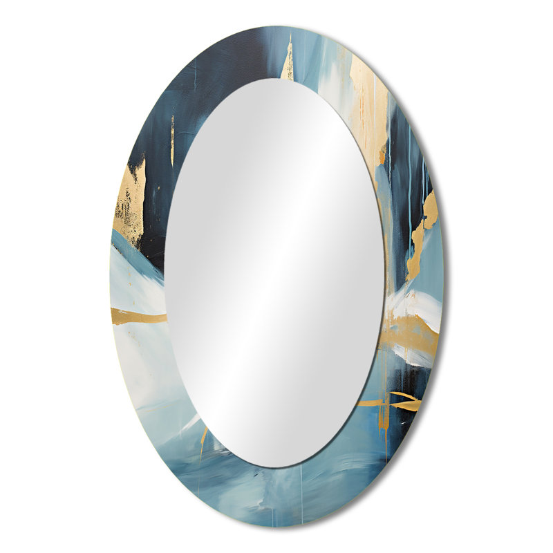 Or et bleu abstrait expression 4 - miroir ovale abstrait sur métal, H 36 po x l 24 po
