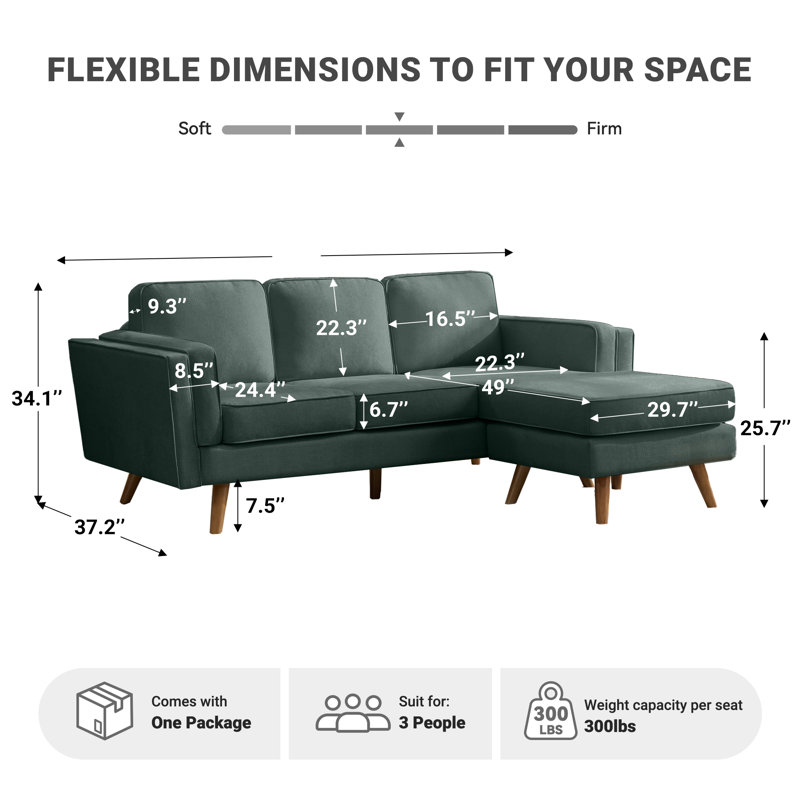 Canapé modulaire rembourré réversible de 84 po avec méridienne, repose-pieds et pieds en bois massif Havens, Green Chenille