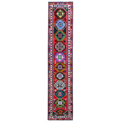 Tapis de couloir rouge unique noué à la main de style années 2000 de 2 pi 7 po x 12 pi 2 po Herki