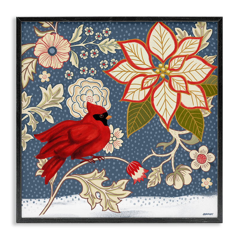 «Winter Cardinal with Flowers», art giclée par Levison Design, H 12 po x l 12 po, Giclée encadrée noir minuit