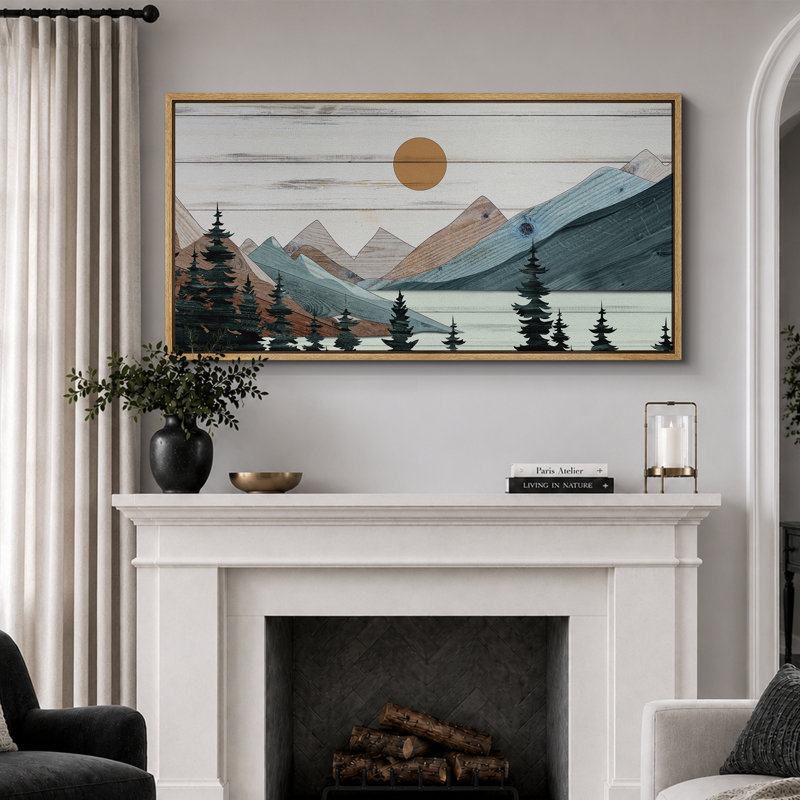Western Wood Effect Landscape " Tranquil Wood Effect Mountain Sunset Modern Art Vintage Landscape Extra Large Pictures "