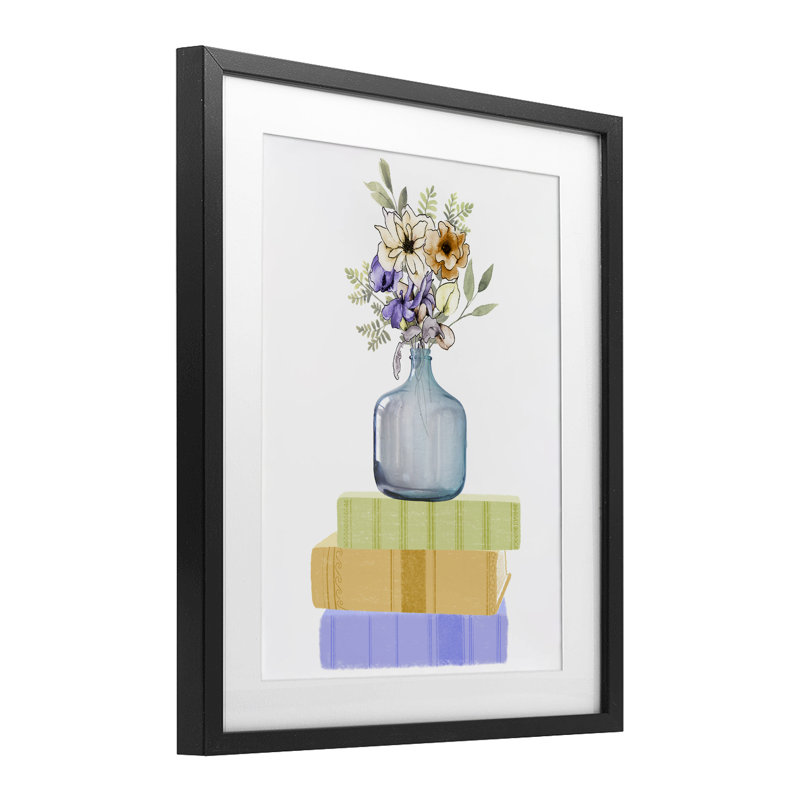 Vase de fleurs sur livres, reproduction encadrée sous verre, conception de Marcus Prime, H 21 po x l 17 po, Cadre noir minuit