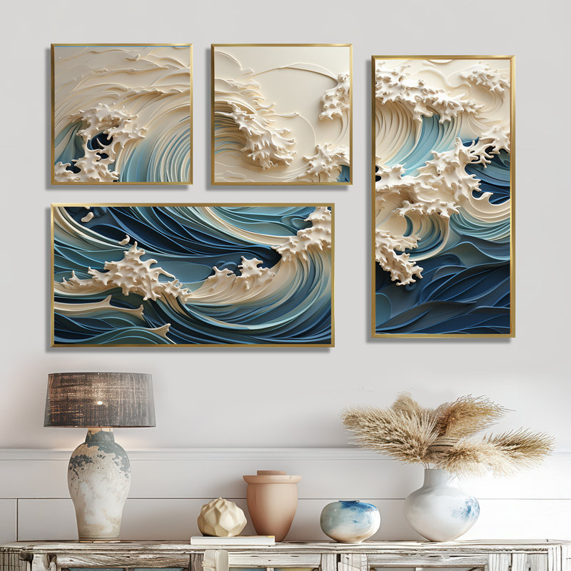 Vague blanche et bleue de style papercut III - Vagues côtières, art mural grand 4 pièces, Doré