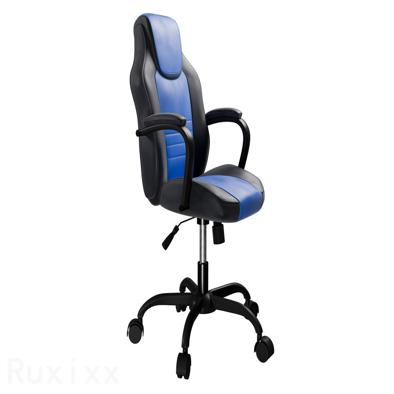 Blue & Black Faux Leather Gaming Office Chair, Casters, Plush Padded Arms, Comfortable Modern Stylish