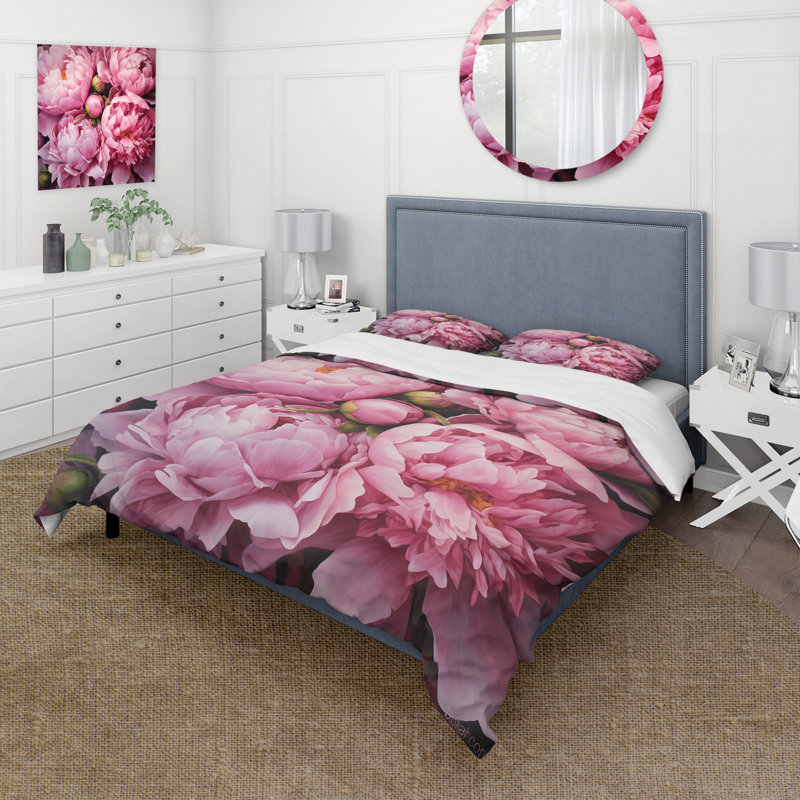 Ensemble de housse de couette floral rose et vert pivoine II captivant - microfibre de polyester
