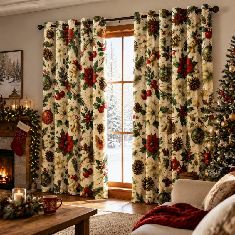 2 Pcs de Noël poinsettia clochettes houx baies, pommes de pin, rideaux, œillets à imprimé floral festif, vacances d'hiver décoratives pour salon chambre à coucher