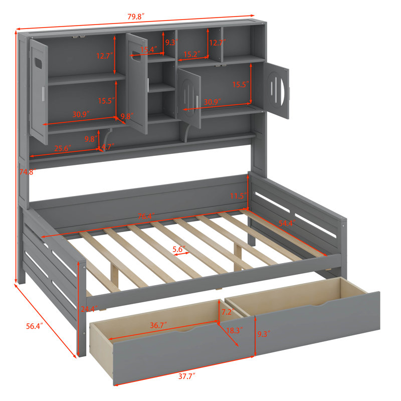  Lit de jour en bois Chaille avec 2 tiroirs, armoire et tablette tout-en-un, Double, Gris