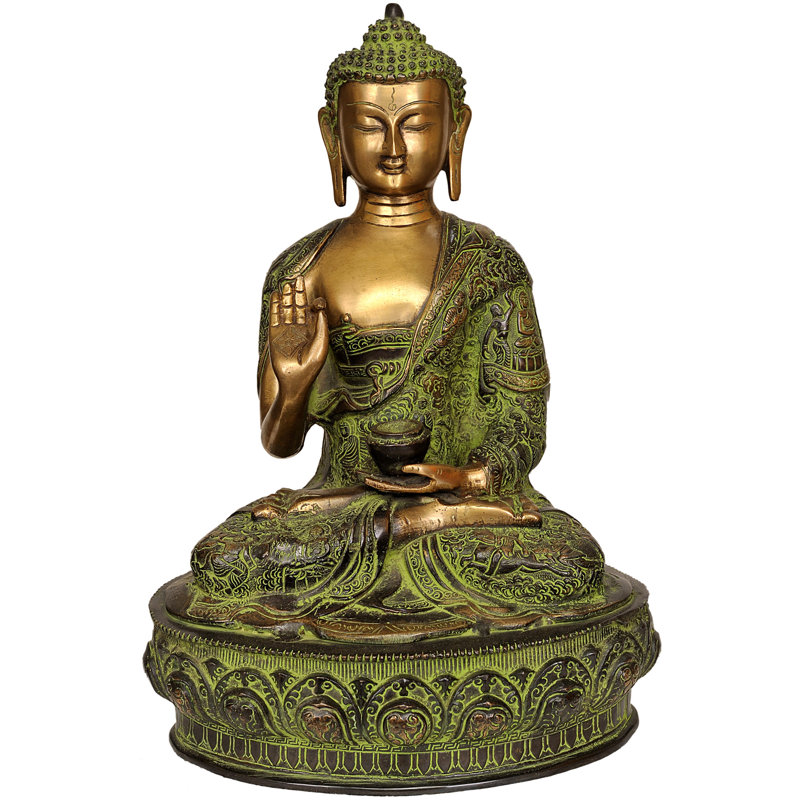 Statue de Bouddha tibétain en relief avec des scènes de sa vie, Noir / or