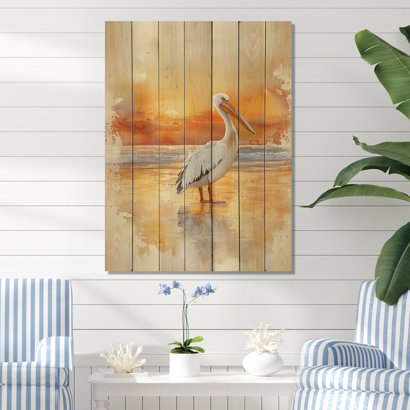 Pélican au crépuscule - reproduction de bois animal héron - sur bois de pin naturel, H 32 po x l 24 po x P 0,78 po
