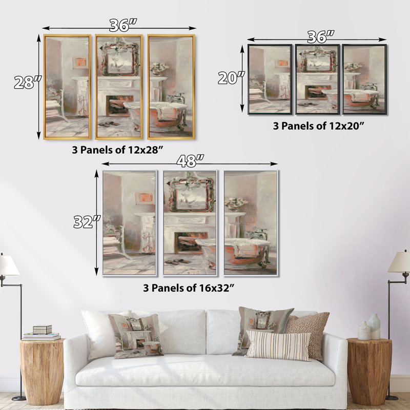 «French Bath La Baignoire II», ensemble d'art mural sur toile traditionnel encadré de 3, 20" H x 36" W x 1" D, Cadre blanc