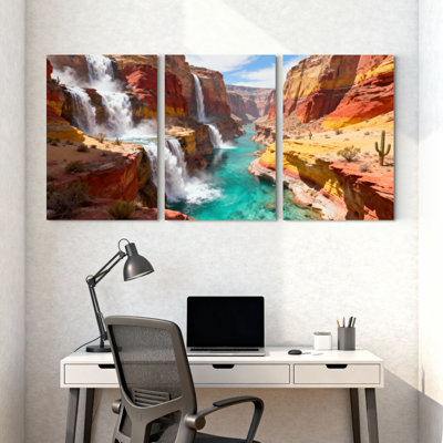 Scénique et paysages urbains Canyon cascade paysage désert rivière roches cactus ciel ensemble de 3 impressions d'art sur toile