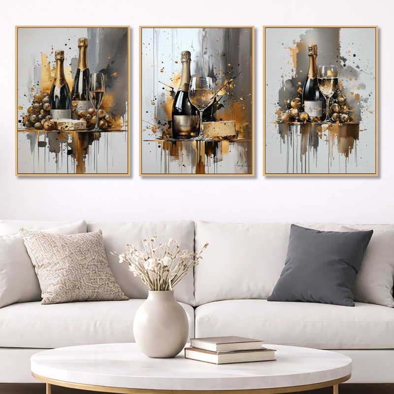«Wine Cheese Glam Explosion - Gold Wine», art mural encadré 3 pièces, Cadre flottant en bois naturel, H 32 po x l 72 po