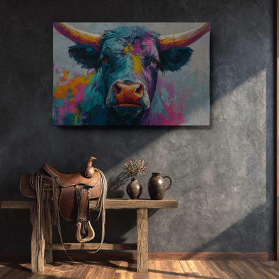 Colorful Bull Canvas Wall Art, Abstract Cow Oil Painting Print - Modern Western Farmhouse Decor, Vibrant Large Horn Animal Artwork for Home