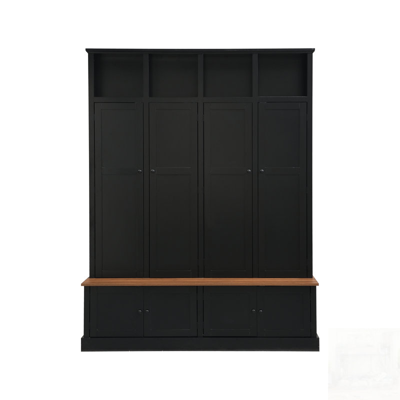 Farmhouse Hall Tree With Bench And Cabinet, 4-In-1 Entryway Organizer, Modern Storage Solution With Open Cubbies & Hooks
