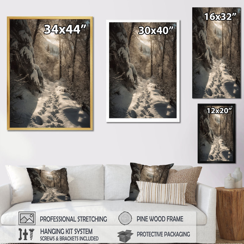 Frosty Snow Forest Path III, reproduction d'art sur toile, H 40 po x l 30 po x P 1,5 po, Cadre simple argenté