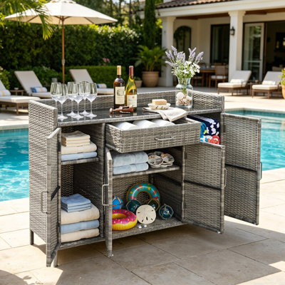Wicker Outdoor Grill Cart With Tempered Glass Top, Patio Bar Cabinet With Storage Drawer, Adjustable Shelves For Patio, Backyard, Garden, Pool
