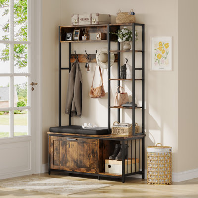 Hall Tree Coat Rack Country Style Hall Tree Steel Frame, Retro Brown, 39.37 X 15.74 X 69.69 In