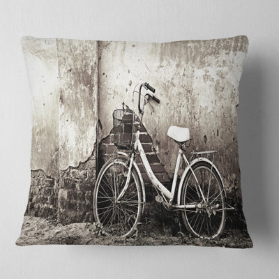 Old Bicycle and Cracked Wall - Landscape Printed Pillow