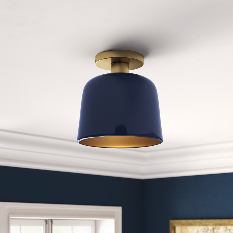 Che 1-Light Dimmable Metal Semi Flush Mount, Natural Brass, Blue