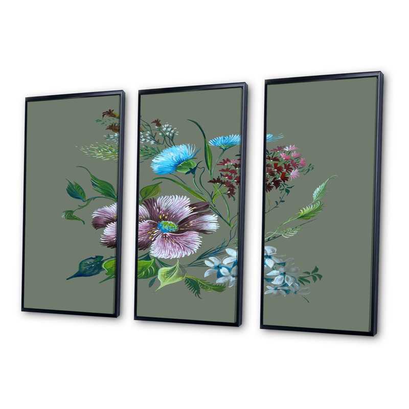 Fleurs de printemps mauves et turquoises - 3 pièces, reproduction sur toile flottante, Cadre noir, H 28 po x l 36 po x P 1 po