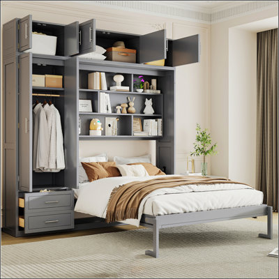Queen Size Wall Murphy Bed With Top Cabinet, Shelves, And Wardrobe, Space-Saving Foldable Design