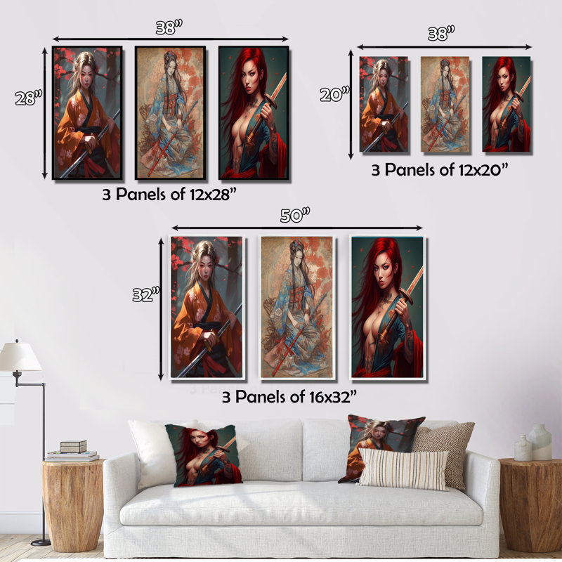 «Fierce Samurai Girl», 3 pièces sur toile, Cadre naturel flottant, H 28 po x l 36 po