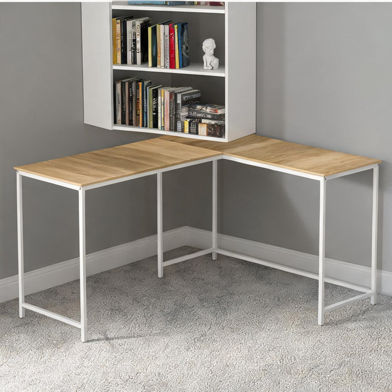 Bureau d'ordinateur en coin en L 58 pouces avec plateau en stratifié naturel et base en acier blanc pour bureau à domicile