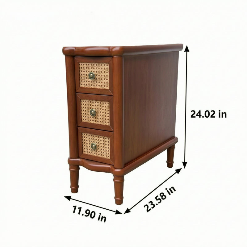 Table de chevet en rotin à 3 tiroirs, table d'appoint étroite en bois massif, meuble de rangement vintage pour chambre, salon ou bureau – Noyer clair