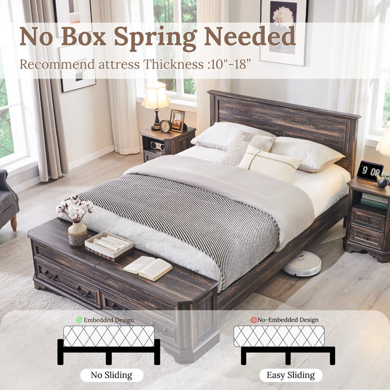 Farmhouse King Bed With 80" Tall Storage Headboard With 4 Drawers And Storage Bench，rustic Wood Platform Bed Frame, King