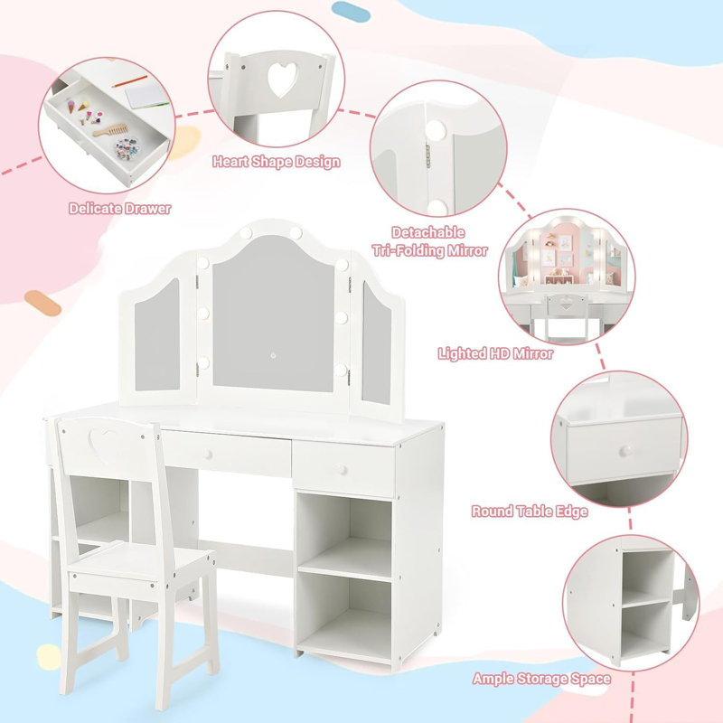 Ensemble de coiffeuse pour enfants, table de maquillage 2 en 1 avec miroir pliable et tiroir, Blanc