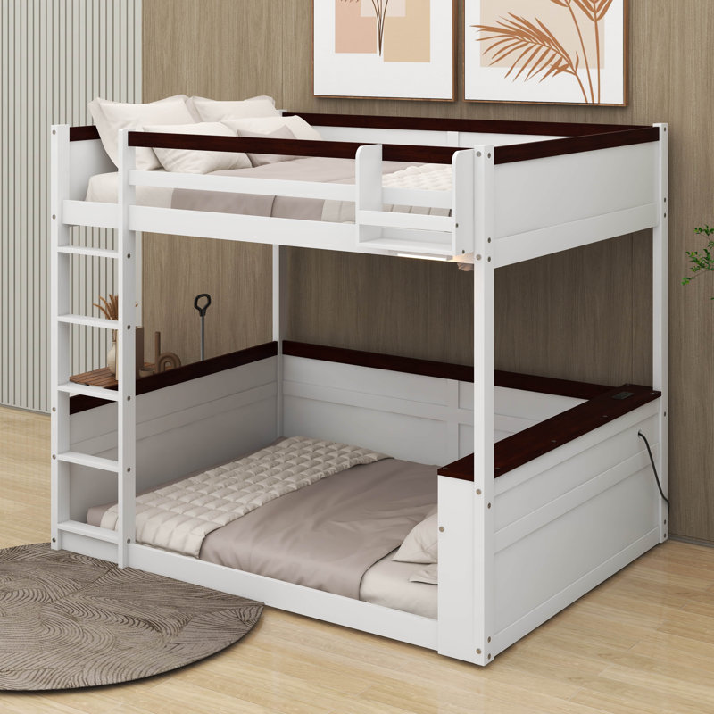 Grand lit superposé en bois avec tablettes intégrées, lumière DEL et USB, Blanc