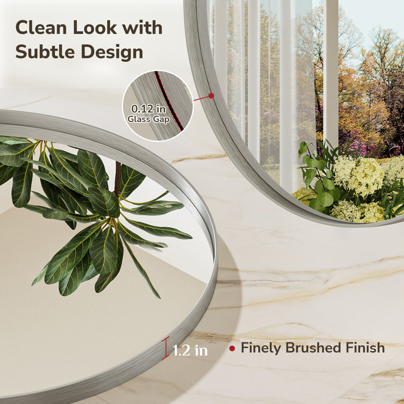 Valancia Round Bathroom Mirror with Aluminum Frame, Tempered Glass, Silver, 24" x 24"