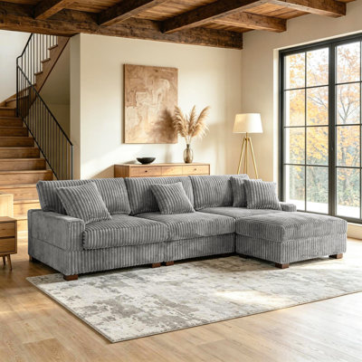 Canapé modulaire rembourré 4 pièces en flanelle de fourrure de lapin gris clair avec coussins décoratifs et repose-pieds 4 pièces