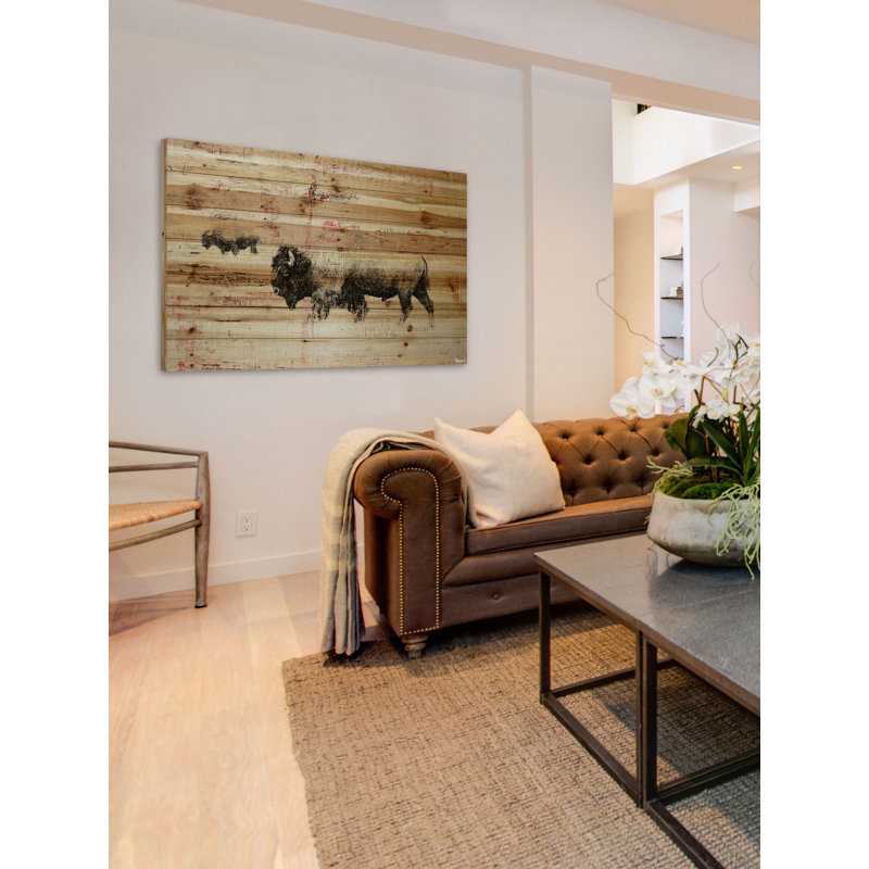 « bison troupeau walk », impression sur bois, H 16 po x l 24 po x P 1,5 po