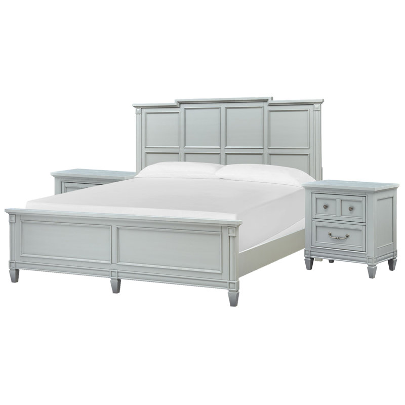 Grand lit à panneau avec 2 tables de chevet, Ensemble de 3 pièces : lit, 2 tables de chevet
