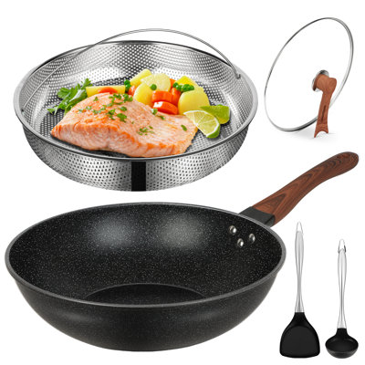 Wok antiadhésif de 13 po, woks et poêles à frire, wok antiadhésif avec couvercle et louche pour panier à vapeur, poêle à wok à induction 100% sans pfoa pour les cuisinières électriques, à gaz, halogènes et tous les poêles