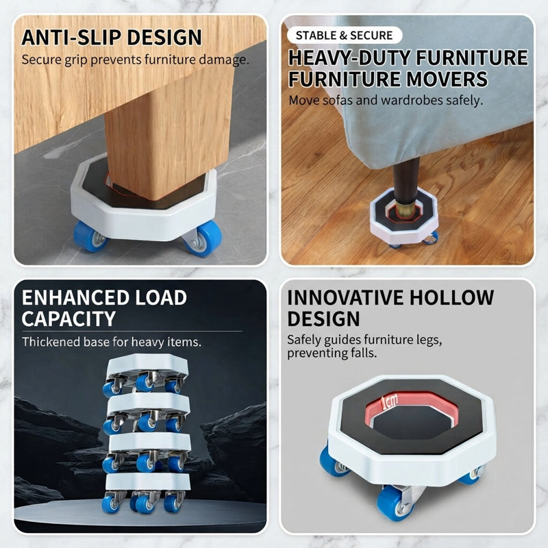 Furniture Moving Kit, Swivel Castor Sliders with Brakes & Grooves, Heavy Duty Furniture Movers Set Including Pry Bar, 4 Heightening Modules and Gloves for Heavy Furniture & Appliances