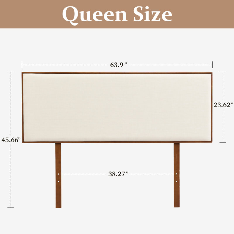 Queen Size Solid Bamboo Upholstered Headboard, Adjustable Height, Linen Cushion Rectangle Panel, Queen