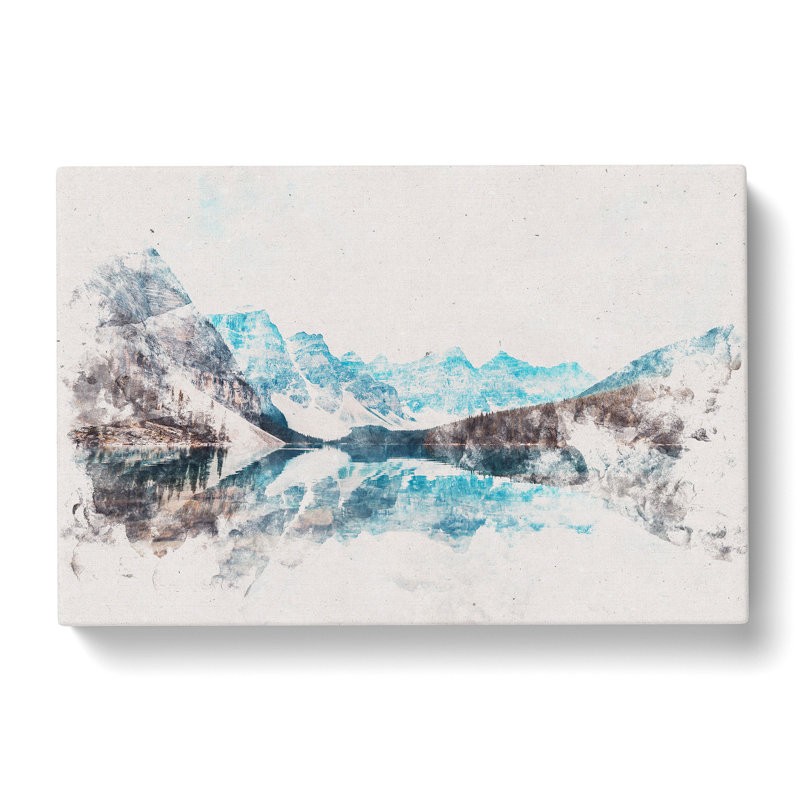 Mountains & Forest By Lake Moraine Watercolour - Wrapped Canvas Print, 40cm H x 60cm W x 3cm D