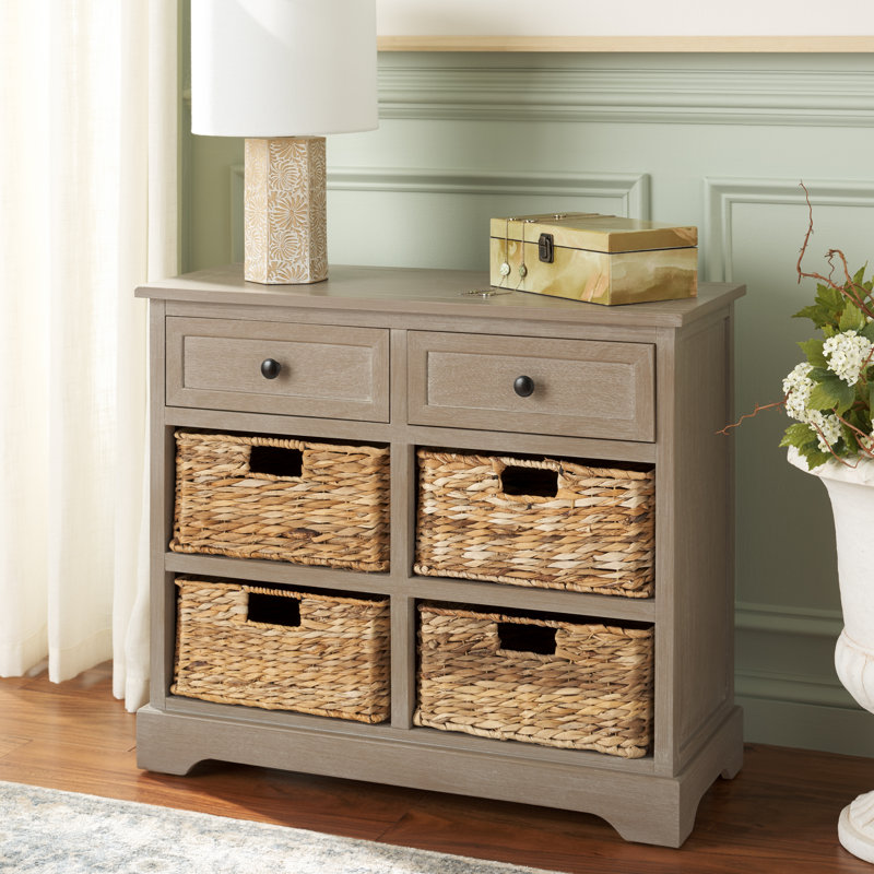 Stylish Painswick Accent Chest – Solid Wood with 4 Wicker Baskets, Perfect Rustic Storage for Home, White Washed