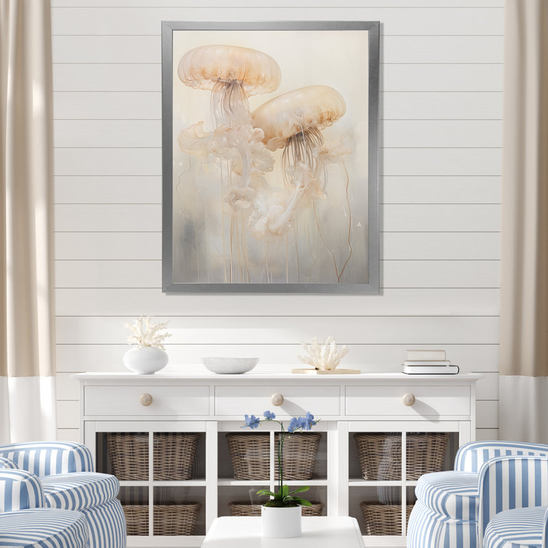 Minimalisme, méduse blanche, rêves sur toile, H 32 po x l 24 po x P 1 po, Cadre simple argenté
