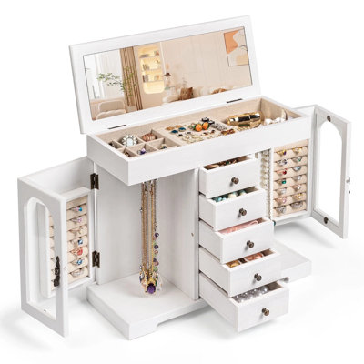 Djerid Jewelry Box, Wooden Jewelry Organizer Box With Mirror, 5 Layer Jewelry Storage Case