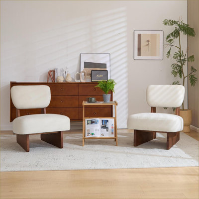 Ensemble de 2 chaises d'appoint modernes beiges pour adultes, revêtement en polyester, base en bois noyer brun, sièges minimalistes pour le bureau du salon