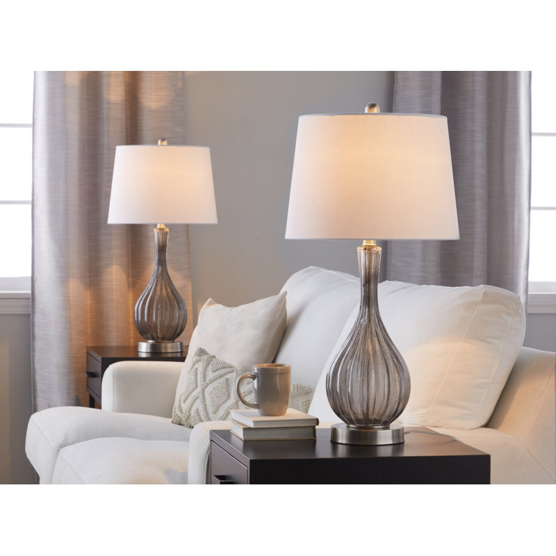 Rami 27" Crackle Glass Table Lamp Set, Clear Smokey Glass/Brushed Nickel, 27.25" H x 14" W x 14" D, Off-White